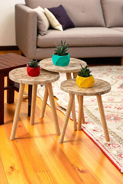 HESA Yan Sehpa Ve Zigon Sehpa Mermer Desenli Ahşap Ayaklı Efes Mermer Yuvarla...