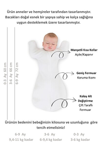 Le Touche Bebek Kundak - Eldiven Manşetli Uyku Tulumu & Kolları Yukarı Kundak (0-3 AY, 3-6 AY, 6-9 AY)