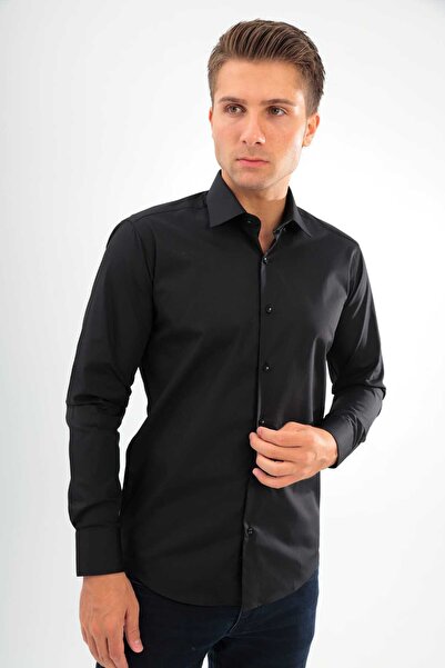 ANDINO قميص رجالي أسود ضيق من الليكرا بتصميم ضيق AS052012-24