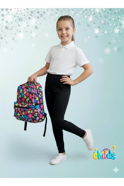 childs Steel Interlock Black Cotton Lycra Girls' Ribbed Stitched Tights for School