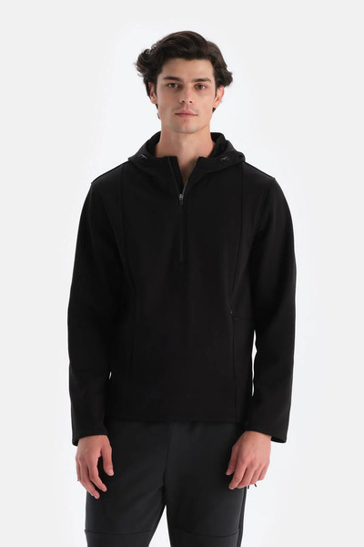 Dagi Siyah Erkek Fermuar Yaka Kapşonlu Termal Sweatshırt