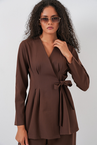 Bigdart Kadın Kimono Pantolon Kumaş Takım 30054 - Kahverengi