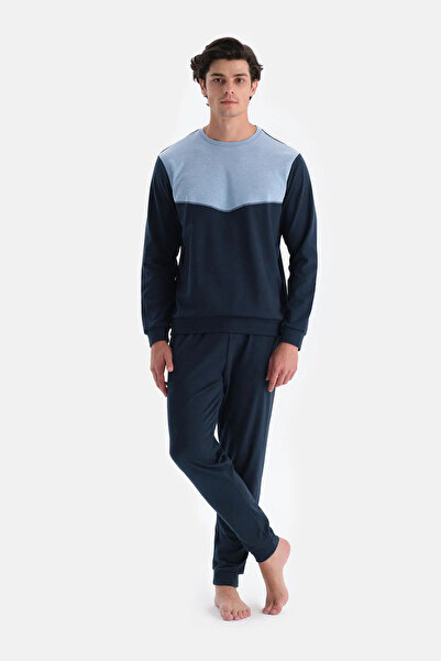 Dagi Indigo Melanj Bisiklet Yaka Uzun Kollu Jogger Pantolonlu Pijama Takımı