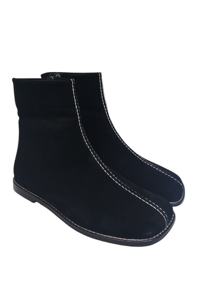 DRY SHOES Hakiki Deri Siyah Kadın Bot Ayakkabı Küt Kare Burun Düz Taban Fermu...