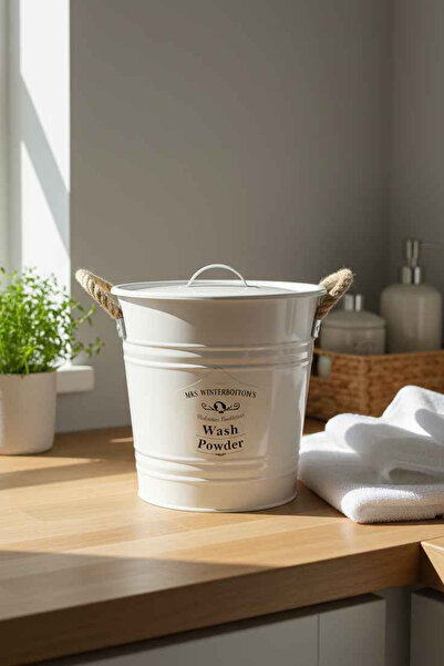 Desen Dekorasyon Metal 9 Litre Kapaklı Deterjan Kutusu Beyaz