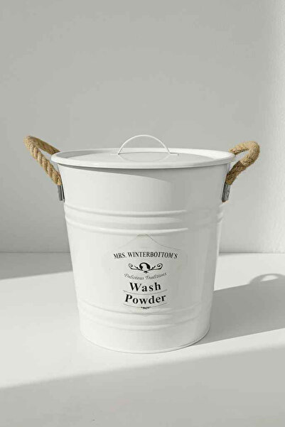 Desen Dekorasyon Metal 9 Litre Kapaklı Deterjan Kutusu Beyaz