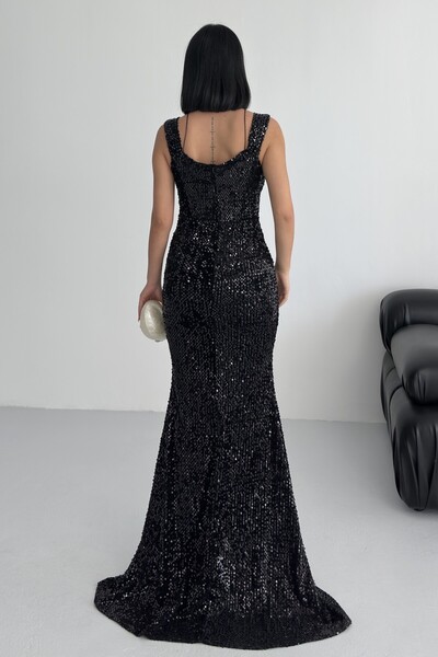 ALFUDO Moda Collection Trend Band Kol Kadife Balık Elbise Siyah