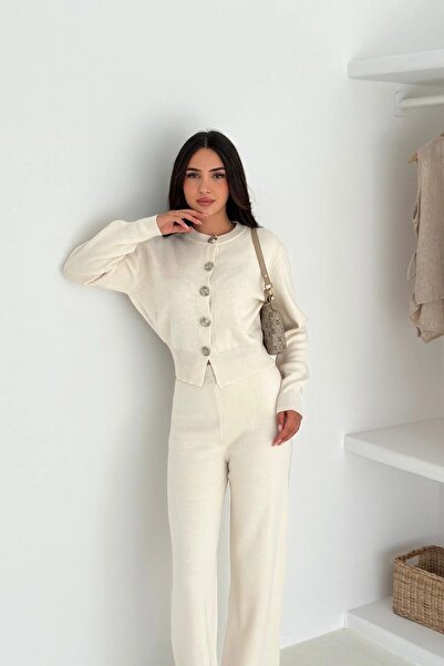 MAXXANA Σετ πλεκτών δύο τεμαχίων με λεπτή εφαρμογή, κομψή ζακέτα και παντελόνι με φαρδύ πόδι