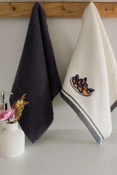 Sevim Set of 2 Embroidered Kitchen Towels - 100% Cotton Mussel Patterned - 40X60 cm - Anthracite