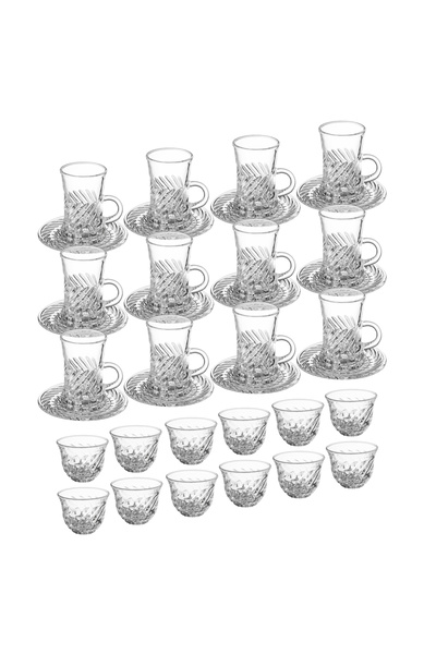 Dania Saudi tea and coffee set made of pure glass, consisting of 12 tea cups + 12 tea saucers + 12 Saudi coffee cups