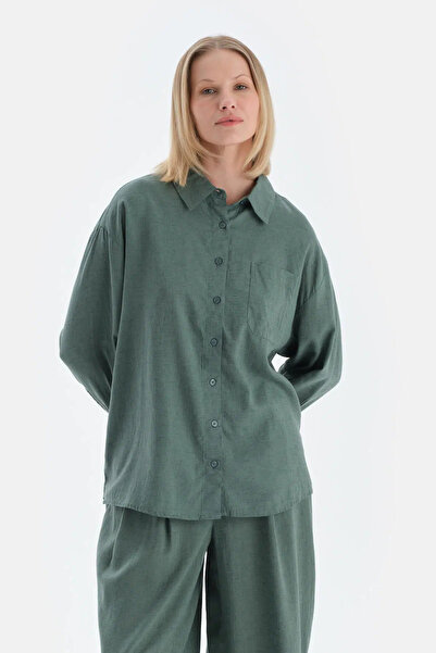 Dagi Green Long Sleeve Linen Lyocell Blend Woven Shirt