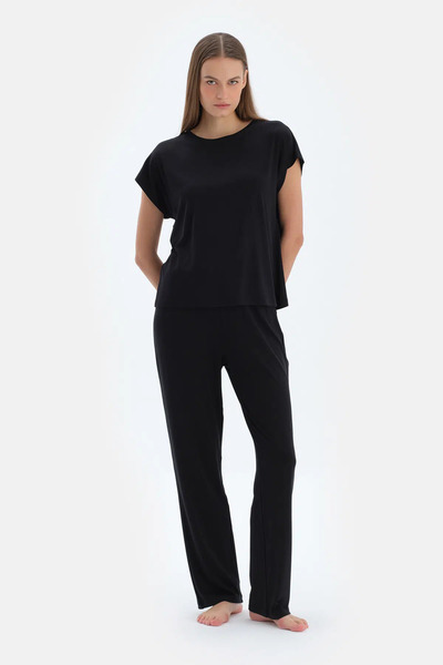 Dagi Siyah Basıc Kısa Kollu Tişört Pantolon Pijama Takımı