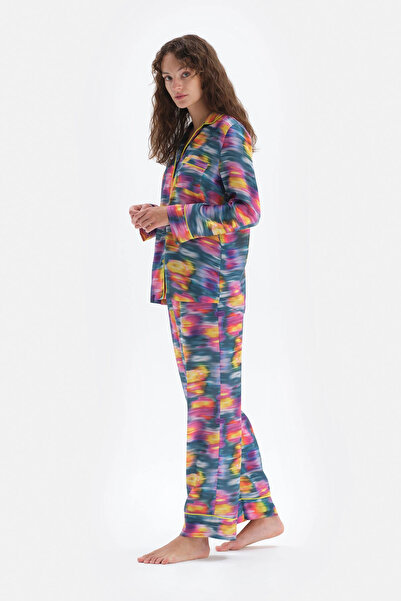Dagi Multicolour Metraj Baskılı Gömlek Yaka Saten Pijama Takımı
