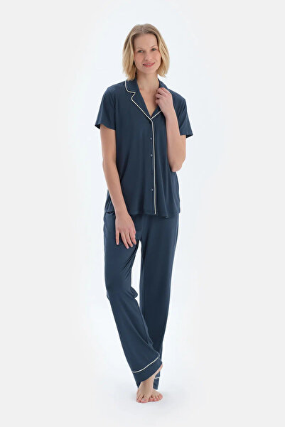 Dagi Lacivert Kısa Kollu Basıc Gömlek Pantolon Pijama Takımı