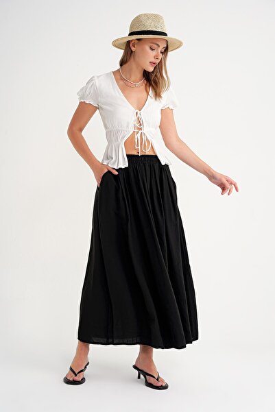 Mixray Black 4612 Model Pleated Loose Skirt - Side Pocket