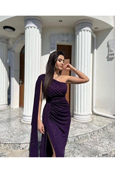 Modafeminen Simli Kuyruk Detay Elbise Mor 582399