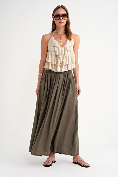 Mixray 4612 Model Khaki Women's Skirt - Side Pocket and Pleated
