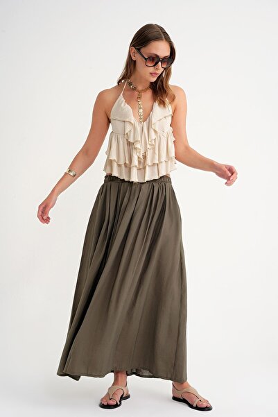 Mixray 4612 Model Khaki Women's Skirt - Side Pocket and Pleated