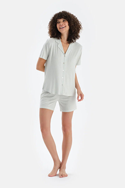 Dagi Açık Yeşil Çizgili Penye Modal Gömlek Şort Pijama Takımı