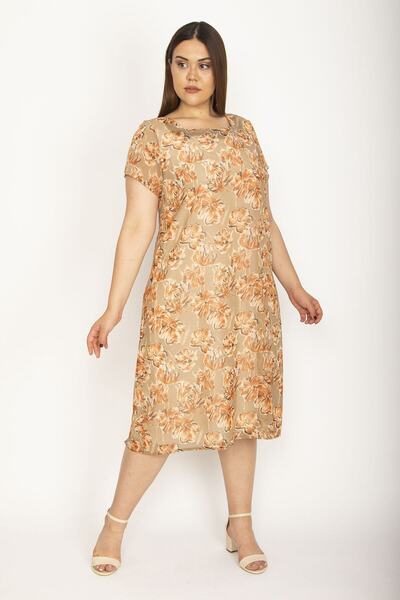 Şans Women's Large Size Colorful Lined Chiffon Dress 65n26549