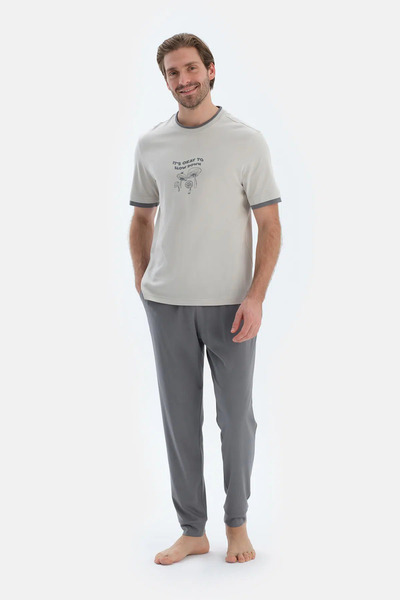 Dagi Açık Gri Kısa Kollu Baskı Detaylı Tişört Pantolon Pijama Takımı