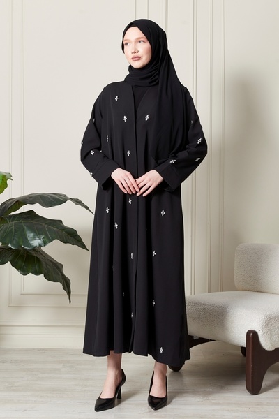 Marles Siyah Önü Çıtçıtlı Cepli Taş İşlemeli Abaya - Ferace