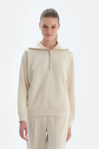 Dagi Hanorac ecru pentru femei, cu jumătate de fermoar, din modal