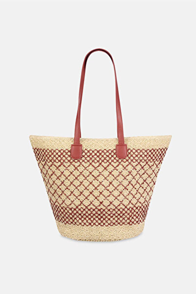 Dagi Ecru-Red Women's Quadrilateral Patterned Straw Beach Bag