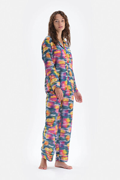 Dagi Multicolour Metraj Baskılı Gömlek Yaka Saten Pijama Takımı