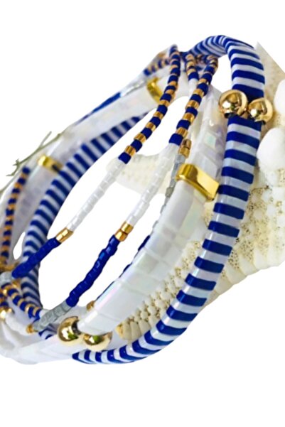 Miyuki Tila Handmade Bracelet Set in 3-Piece Calipso Blue White Saxe and Gold Colors - Elastic Design