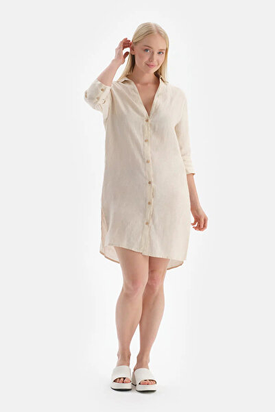 Dagi Ecru Shirt Collar Long Linen Shirt Pareo