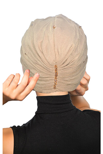 fidan bone Βραδινό καπό Hijab με επένδυση από κρυστάλλινο τούλι σε μπεζ έτοιμο τουρμπάνι