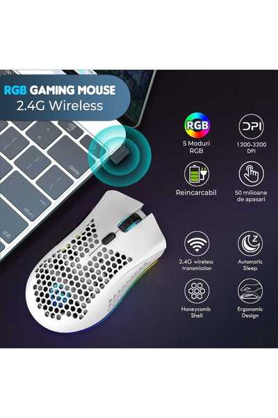 Timebox Mouse de gaming wireless, 95g, încărcare rapidă, USB, 2.4GHz, RGB, 2 butoane programabile, alb