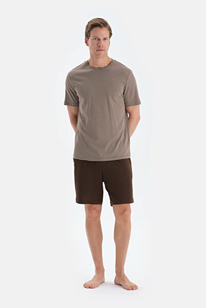 Dagi Ανοιχτό καφέ ριγέ κοντομάνικο μπλουζάκι σορτς πιτζάμες