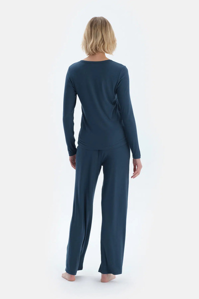 Dagi Lacivert V Yaka Viskon Kaşkorse Tişört Pantolon Pijama Takımı