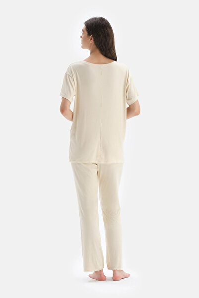 Dagi Ekru Kısa Kol Viskon T-Shirt Pijama Üstü
