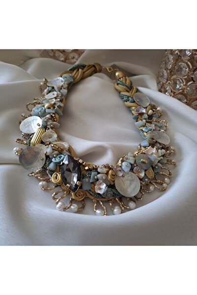 azra takı tasarım Handmade Natural Pearl, Natural Stone, Handmade Flower, Brass Apparatus Special Design Women's Necklace