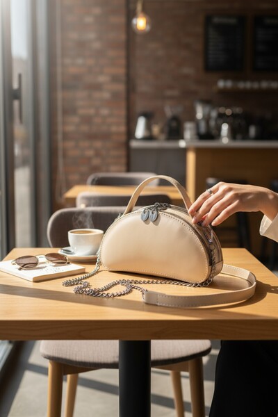 Classbag Krem Şık Minimal Zincir Detay Çapraz Askılı Kadın Omuz Çantası