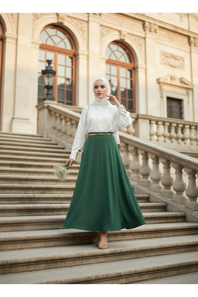 Zeneva Collection Fusta lungă verde smarald, cu croială evazată, cu pliuri, p...