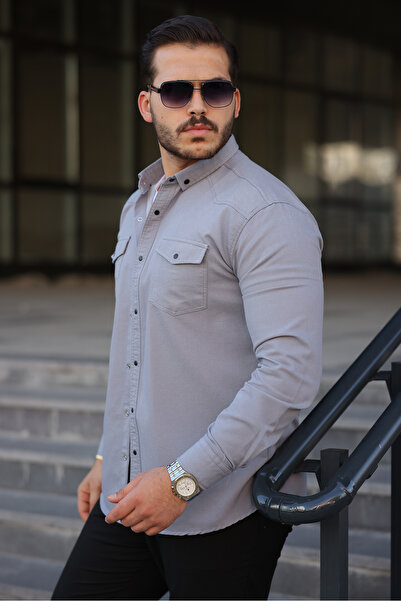 WOWA COMPANY Ανδρικό τζιν πουκάμισο με διπλή τσέπη με λεπτή εφαρμογή