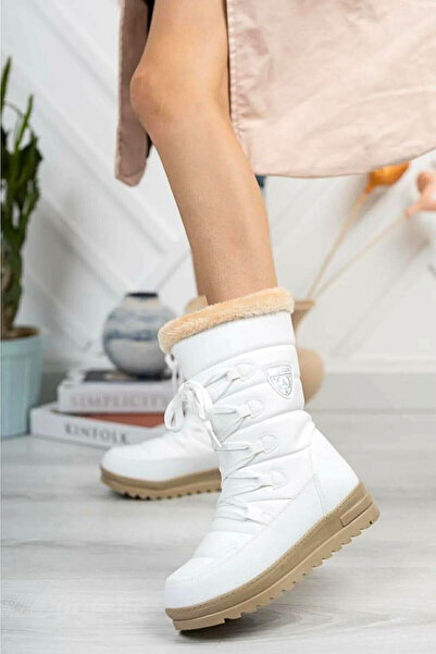 Zerenyus Su Soğuk Geçirmez Fermuarlı Beyaz Kadın Kışlık Kar Botu