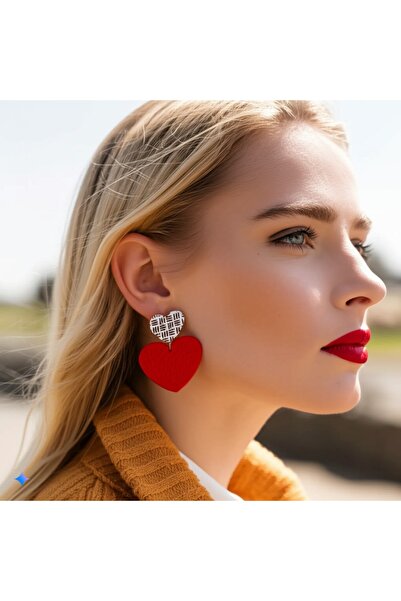 BeuBella Aksesuar Özel Tasarım Polimer Kil Kırmızı ve Ekose Kalp Küpe