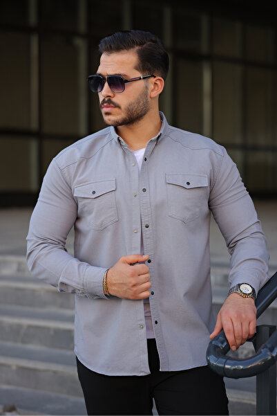 WOWA COMPANY Ανδρικό τζιν πουκάμισο με διπλή τσέπη με λεπτή εφαρμογή