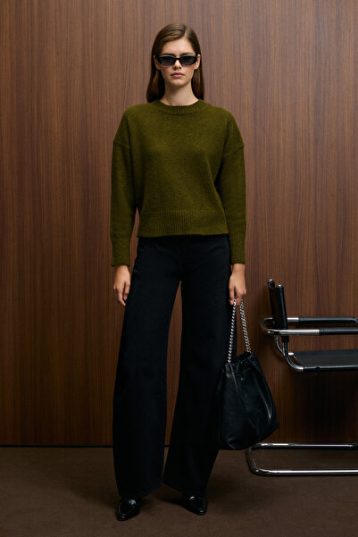 GRIMELANGE NANNA Kadın Oversize Fit Yumuşacık Kaşmir Tuşesinde Bisiklet yaka Kalın Triko Haki Kazak