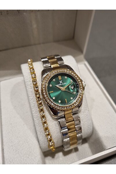 Daniel Klein YENİ MODEL DK - Sarı Bicolor Çelik Bilezik Yeşil Kadran Kadın Kol Saati+hediye Bileklik