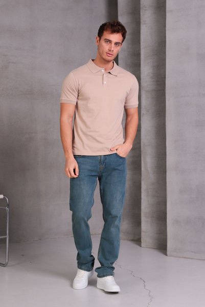 COTTONLAB Men's Close-Fitting Slim Fit Cotton Soft Texture Breathable Fabric Non-Curling Collar Beige Polo Collar T-Shirt