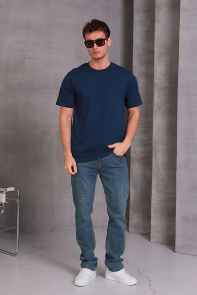 COTTONLAB Unisex Slim Fit Slim Fit 100% Cotton Soft Textured Navy Blue Crew Neck T-Shirt