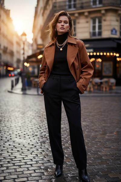 PASTELASTORE Taba %100 Pamuk Gabardin Astarlı Oversize Geniş Kalıp Kadın Crop Kısa Trençkot 1122