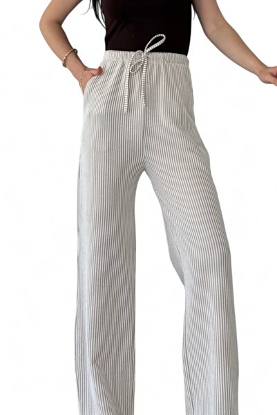 Morlex Women's Rustic Gray Palazzo White Striped Slim Fit Pocketed Wide Leg Trousers
