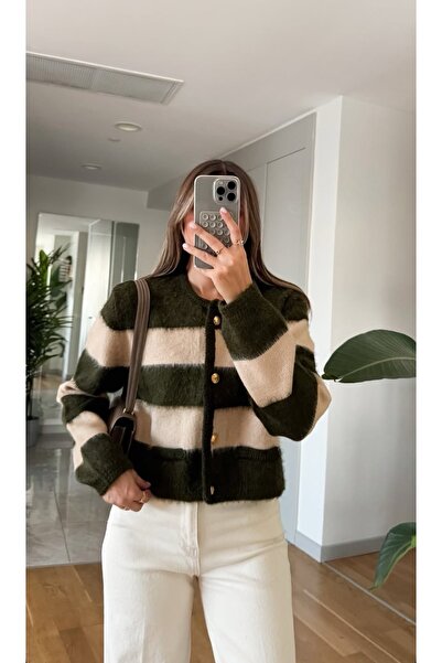 FEMMESTUDIO Women's Khaki Crew Neck Striped Crop Knit Cardigan